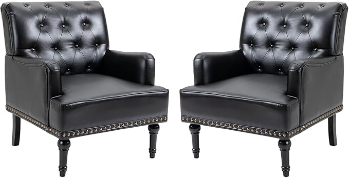 MOJAY Faux Leather Accent Chair Set of 2, Mid-Century Modern Living Room Chair Lounge Study Sofa Chair with Sturdy Wood Legs, Club Chair Armchair for Bedroom Home Study Reception (Black)