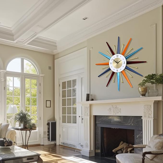 Large Wall Clock 31 Inch Modern Wall Clock Starburst Mid-Century Modern Decor Non-Ticking Battery Operated Colorful Clock Home Decorations for Living Room Bedroom Kitchen Office