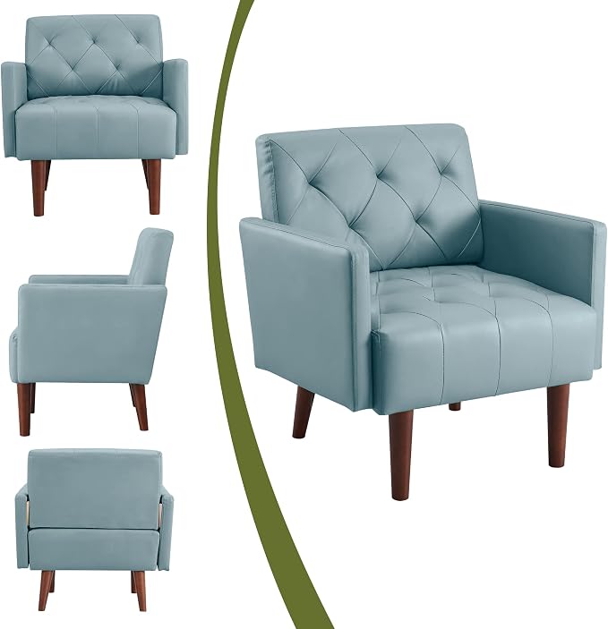 Faux Leather Accent Chair Modern PU Armchair, Retro Tufted Upholstered Arm Chair, Comfy Leather Club Chair Single Sofa for Living Room, Bedroom, Reading Room, Apartment (Blue)