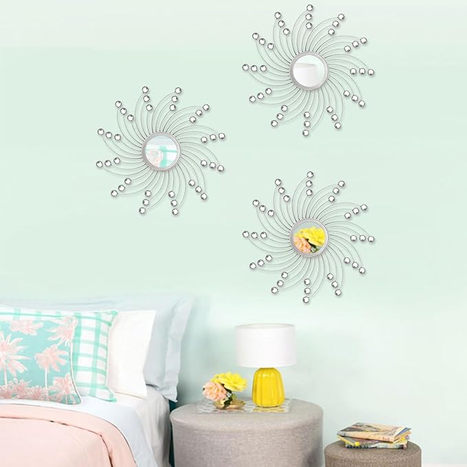 Uaussi 3 Pack Crystal Sunburst Wall Mirror Décor Rhinestone Mirrors Decorative Home Wall Art for Living Room Bedroom Entryway(Curle Burst Silver)