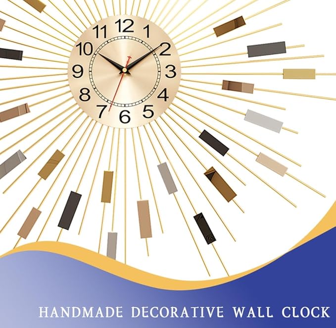 Starburst Round Wall Clock Decor 24" Silent Battery Operated, Mid Century Modern Metal Decorative Wall Clock for Living Room Bedroom Office