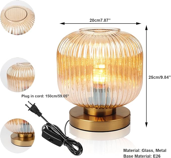 Modern Table Lamps Gold Table lamp Amber Ribbed Glass Shade Desk lamp Bedside Table lamp nightstand lamp Small Table lamp for Bedroom Living Room Office end Table Side