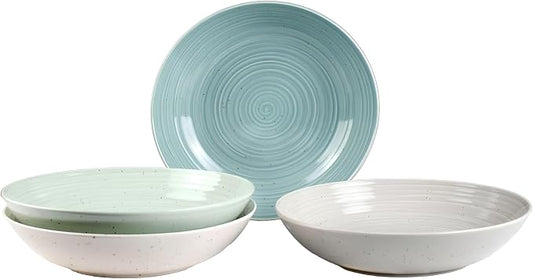 Sango Siterra Artist's Blend Stoneware Pasta Bowls (Set of 4) Multi Assorted Colors– Featuring Soft Gray, Blue, Green, and Ivory, for Everyday Dining & Entertainment, Microwave & Dishwasher Safe