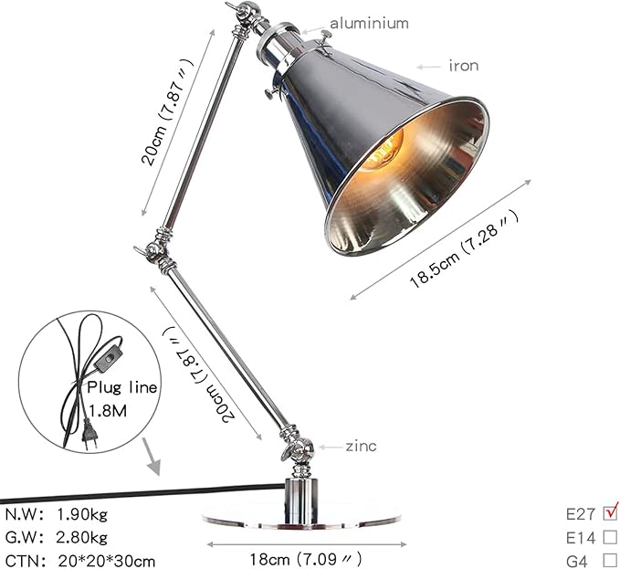 Makeup Vintage Desk Lamp, Industrial Metal Task Table Lamp with Adjustable Swing Arm, Bedroom Bedside Night Light Cafe Antique Reading Lighting,Chrome