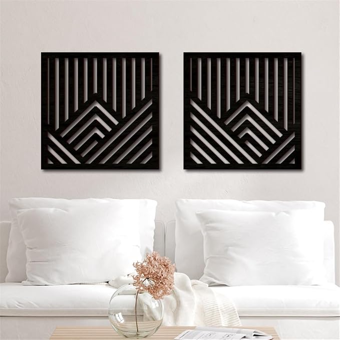 Geometric Mountain Wood Wall Art Decor, 2 Pcs Modern Mountain Wall Sculptures Wooden Square Hanging Abstract Panels, 3D Square Hollow Wood Art Wall Decor for Home Office Living Room Bedroom (Black)