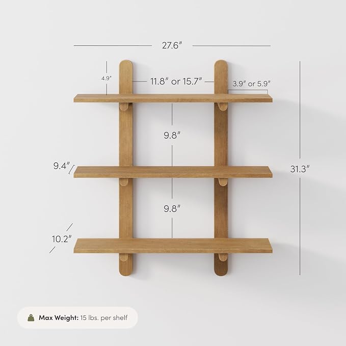 Nathan James Frankie Mid Century 3-Tier Wall Mounted Wood Shelf, Modular Wall Shelving with Solid Wood Support Frame, Light Brown