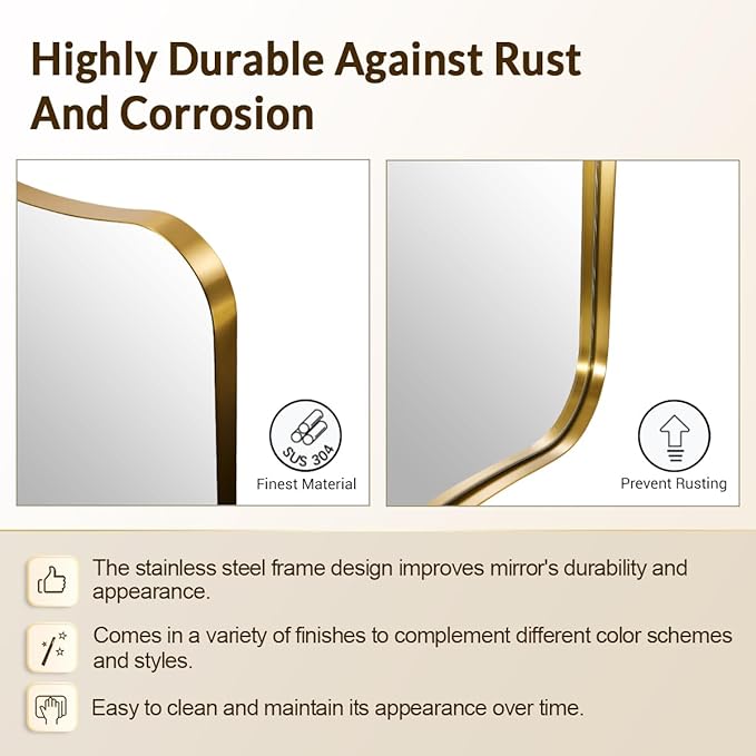 MIRRORTART Contemporary Brushed Brass Bathroom Wall Mirrors, 24x32'' Asymmetrical Scalloped Butterfly Rectangle Gold Mirror in 1'' Stainless Steel Metal Frame for Home Decor Wall Mounted Vertical Only