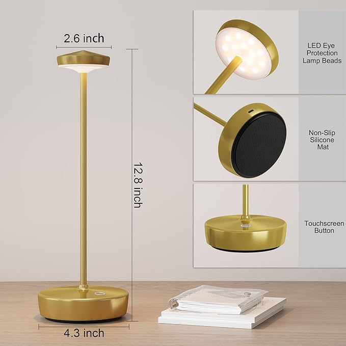 Rechargeable Cordless LED Table Lamp,5000mAh Battery - Touch Control 3-Level Brightness with Memory Function,Portable Children's Room Desk lamp for Outdoor,Bars & Restaurants (2P Gold)