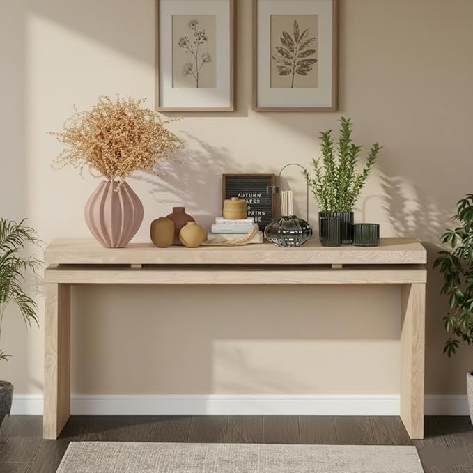 SOFTSEA Wood Console Table, 60" Retro Narrow Long Sofa Table Behind Couch for Hallway, Save Space, Antique Natural