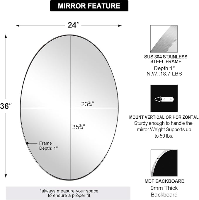 ANDY STAR Brushed Nickel Oval Mirror,24 x 36 Inch Bathroom Mirror Brushed Nickel Stainless Steel Metal Frame, Oblong Mirror Pill Shaped Mirrors for Bathroom Wall Mount Horizontal or Vertical