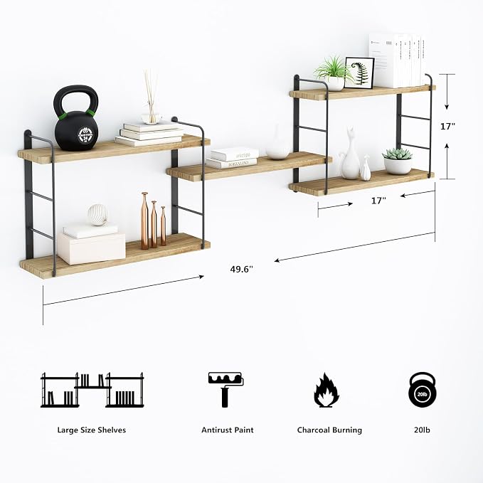 MXCSE Wall Shelves, Wall Mounted Floating Bookshelves, DIY Wood Hanging Shelves for Bedroom, Living Room, Easy Installation, 5 Shelves (Wooden, 50W x 17H)