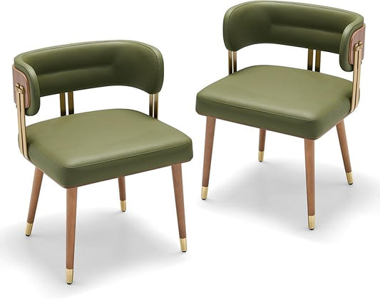 Modern Upholstered Leather Dining Chairs Set Of 2 with High-Resilience Foam Cushion, Walnut Wood Veneer&Gold Metal Legs, 22Lx20.5Wx28.3Hin, Anti-Slip Kitchen Chairs for Dining Room,AdvocadoGreen