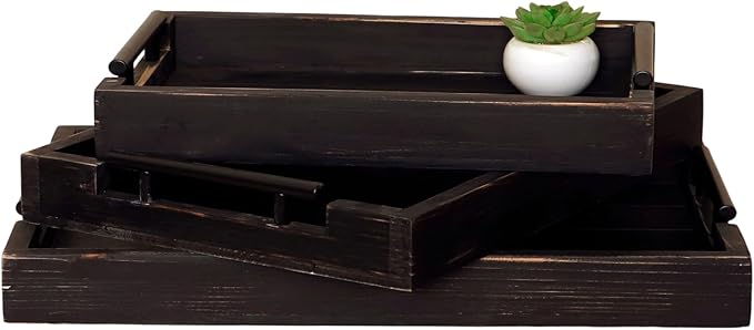 Coffee Table Tray Decorative Nested Vintage Wood Serving Tray Set for Eating, Breakfast, Party, Kitchen, Ottoman,Tea Coffee Table Large Ottoman Trays (Rustic Black, 3Pc)