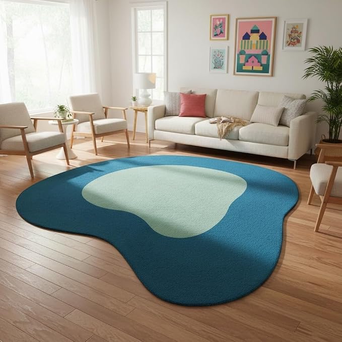 Modern Abstract Irregular Shaped Area Rug Navy Blue Mint Green Irregular Rug for Living Room Bedroom Nursery Ultra Soft Washable Thick Carpet Boho Playroom Apartment Stain Resistant Floor Mats 5ft