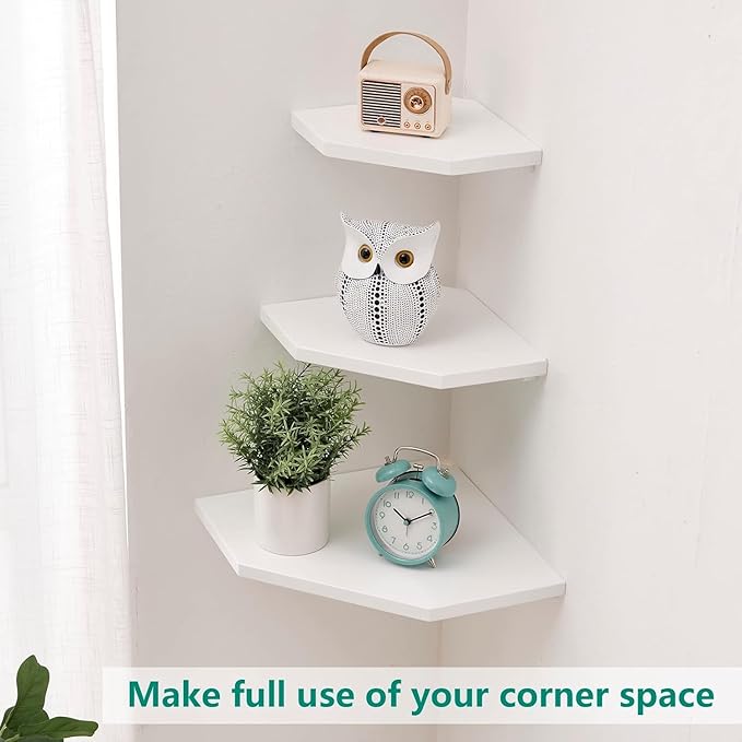 Corner Floating Shelves, White Corner Wall Shelf Set of 2, Solid Oak Wood Corner Shelves Wall Mount Shelf with Wire Hole Small Plant Display for Kitchen Living Room Bedroom