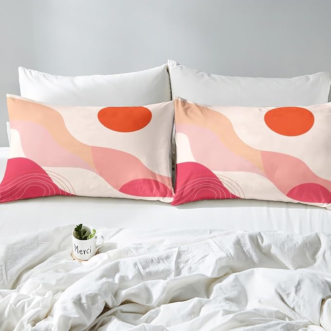 Erosebridal Mid Century Geometric Comforter Cover Full for Kids Boys Girls,Red Circles Wave Lines Duvet Cover,Minimalist Style Bedding Set,Modern Fashion Bed Set with 2 Pillowcases Bedroom Decor