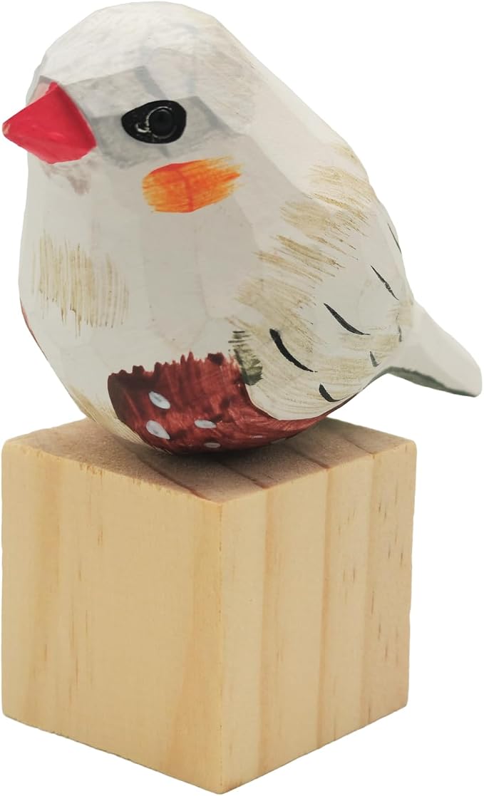 DIYOMR Bird Figurine, Hand Carved Birds Wood Décor, Art Animal Wooden Sculpted Bird with Wood Block, Vivid Bird Statue for Gift Home Table Ornament Decor (Pearl Bird)