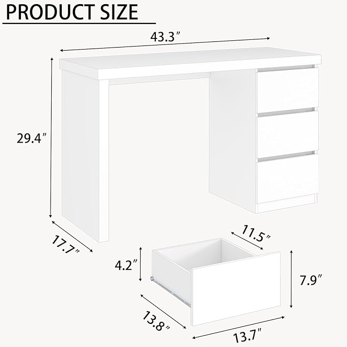furtble White Desk with Drawers, 43'' W Home Office Computer Desk Gaming Table, Modern Vanity Desk with Storage, Wood Writing Workstation for Bedroom, Living Room, White
