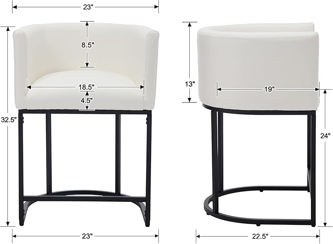 PU Leather Bar Stools, Modern Upholstered Counter Height Bar stools 24" Leather Barstools Barrel Kitchen Counter Island Stools with Black Metal Base, White