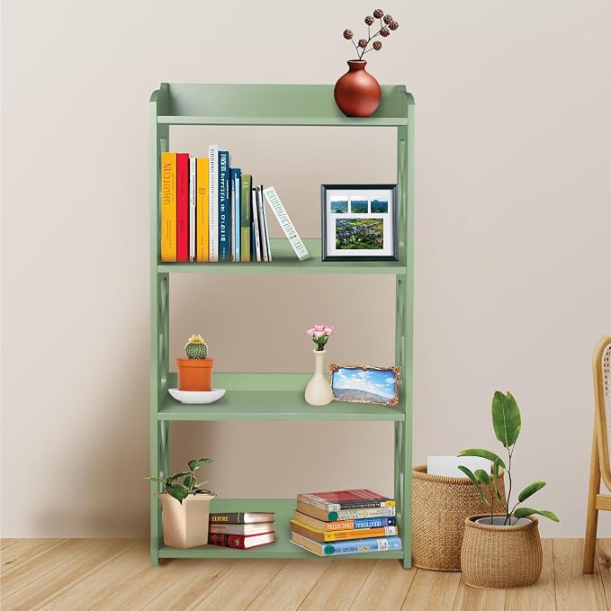 Green Bookcase by Natural Wood, 4 Tier Bookshelf, Small Book Shelves Freestanding Display Storage Shelves. Open Bookshelf for Bedroom, Living Room and Office (Green, 4 Tier)