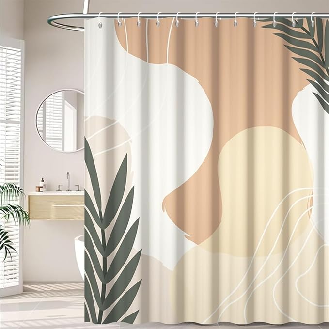 Pink and Beige Boho Shower Curtain for Bathroom Modern Minimalist Bathroom Decor Abstract Striped Leaves Aesthetic Bathtub Curtains Machine Washable Waterproof Polyester Fabric with Hooks 69x70 Inch