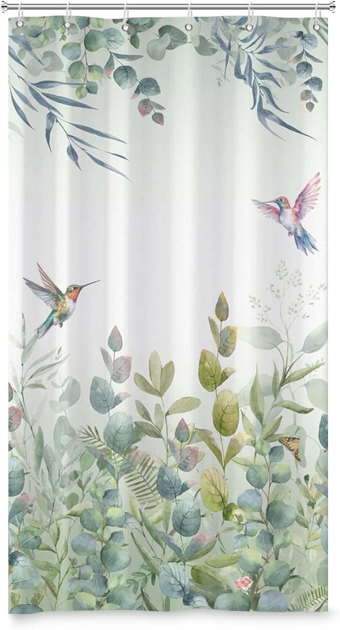 Green Leaf Shower Curtain Colourful Bird Eucalyptus Bathroom Curtain Plant Leaves Botanical Hummingbird Spring Summer Shower Curtain Sets for Bathroom Extra Long 36x72 in with 6 Hooks