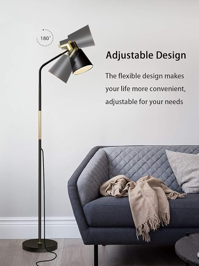 Floor Lamp, 3-Color TemperatureFloor Lamps for Living Rooms & Bedrooms, Farmhouse Reading Lamp - Standing, Adjustable Metal Heads Indoor Task Lighting for Living Room Bedroom Office (3-Color Black)