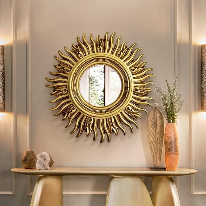 Round Sunburst Decorative Mirror, Wall-Mounted Vintage Entryway Mirror, Living Room Hanging Mirror, Bathroom Makeup Mirror (Color : 85cm/33, Size : Antique Gold)