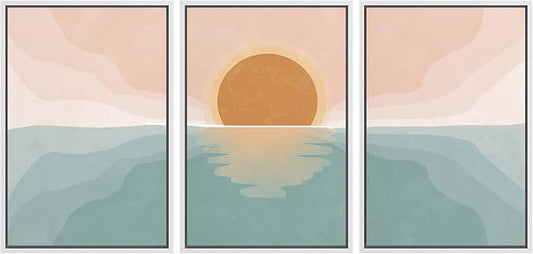 wall26 Framed Canvas Print Wall Art Set Pastel Mountain Range Forest Dawn Abstract Nature Illustrations Modern Art Nordic Decorative Boho for Living Room, Bedroom, Office - 24"x36"x3 White