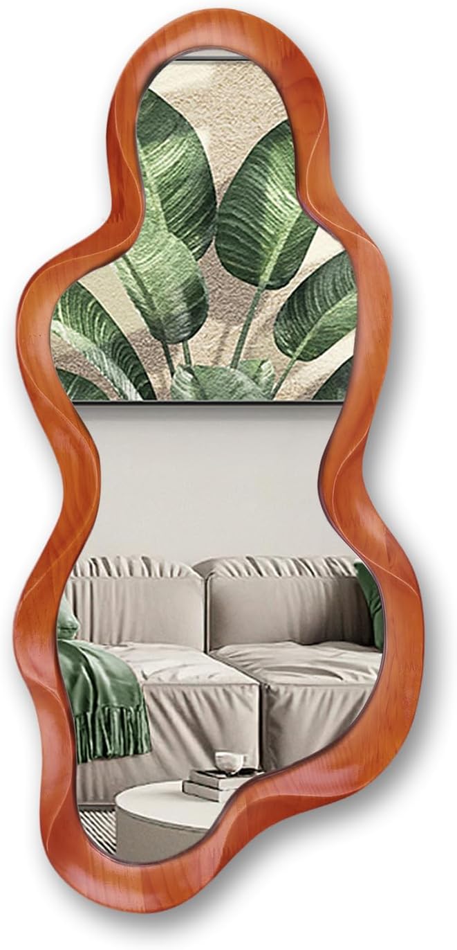 30"x 14" Irregular Wall Mirror, Wooden Walnut Framed Wall Asymmetrical Wavy Wall Mirror for Living Room Bedroom Entryway Bathroom Modern Decorative Mirror with Hanging Hooks