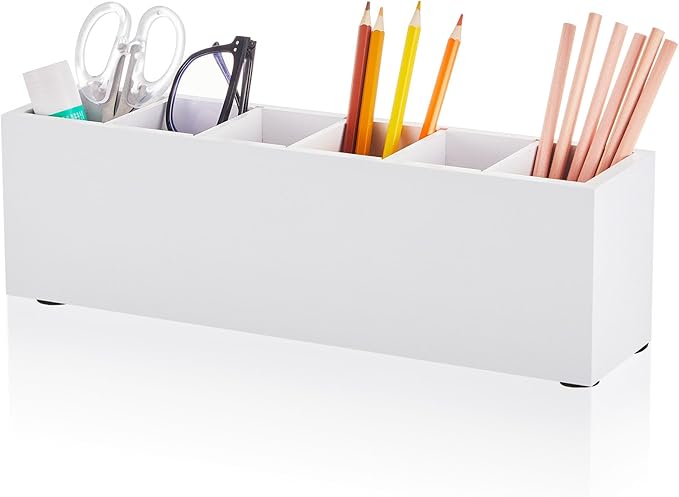 Jetec Wooden Pencil Pen Holder for Desk 6 Compartments Cosmetic Makeup Brush Stationery Office Desktop Organizers for Countertop Adjustable Silverware Caddy for Party, Art Supplies,Home(White)