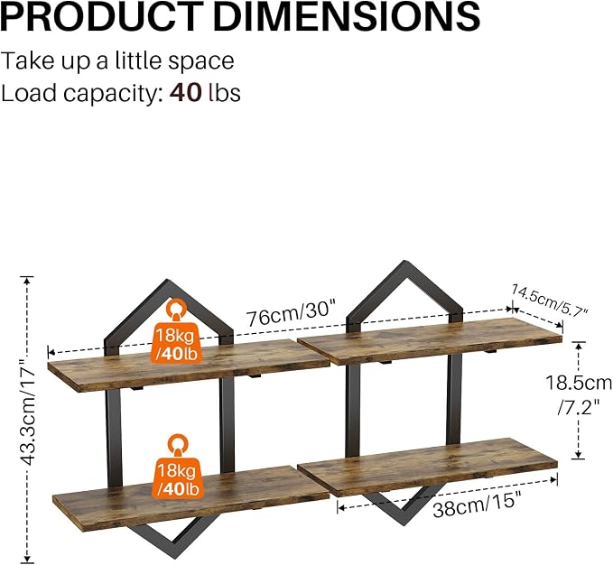 Floating Shelves, Set of 2 Wall Shelf, Wall Mounted Decorative Shelves, 2-Tier Modern Geometric Hanging Storage Shelf for Living Room, Bedroom, Kitchen, Office, Study (Rustic Brown + Black)