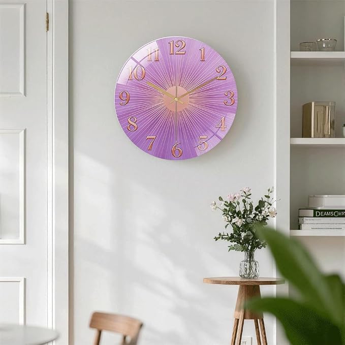 12 Inch Purple Sunburst Glass Wall Clock Silent Art Decor | Silent glossy clock with a purple sunburst and rose gold numbers, perfectly tracking time for your bedroom or living room