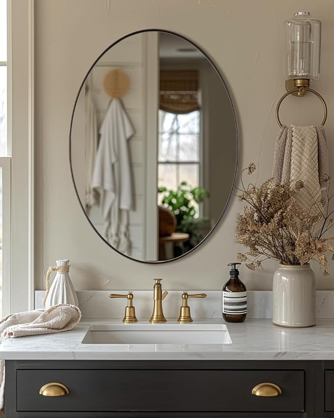 ANDY STAR Brushed Bronze Oval Mirrors for Bathroom, 24x36 Inch Bronze Stainless Steel Metal Framed Oval Wall Mirror, Modern Vanity Mirror Wall Mount Horizontal or Vertical