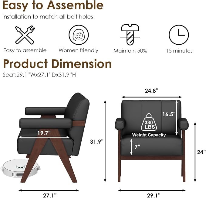 STHOUYN Black Leather Accent Chairs Set of 2, Mid Century Modern Accent Chair, Side Arm Chairs for Living Room, Office Guest Waiting Room Chairs (2, Black)