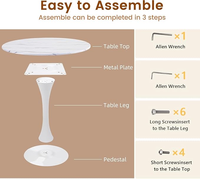 Round Dining Tulip Table for 4, Mid-Century Modern Table with Sturdy Metal Pedestal for Kitchen, Bistro, Cafe, Leisure (Faux Marble White, 31.5 INCH)
