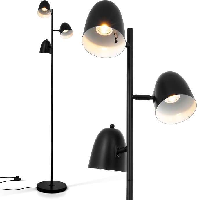Modern Tree Floor Lamp for Living Room, 3 Lights Industrial Farmhouse Black Standing Tall Pole Lamps with Adjustable Metal Shades 70'' LED Reading Floor Lamps Decor for Bedroom Home Office