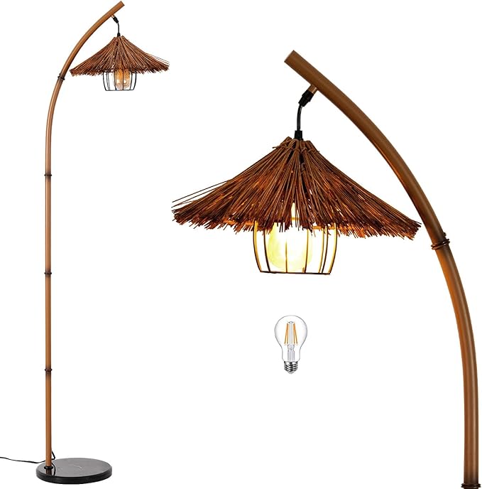 beaysyty Bamboo Floor lamp Mid Century Rattan Retro Floor lamp Bohemian,Arc Floor Lamps for Living Room Tall Reading Lamps Antique Rattan Style for Bedroom Dining Room Farmhouse Study (Brown)