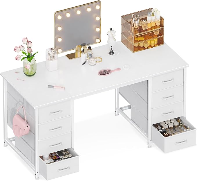 ODK 48 Inch Vanity Desk with 8 Fabric Drawers, Modern Makeup Desk for Bedroom & Dressing Room with Large Storage, Ideal for Home Office, Study, Pure White