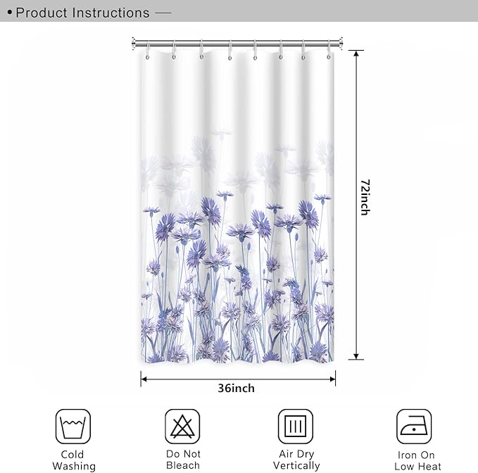 Purple Flower Shower Curtain for Bathroom Spring Floral Nature Wild Botanical Shower Curtain Waterproof Polyester Fabric Modern Art Aesthetics Home Decor Bath Curtain with Hooks, 36x72 Inch