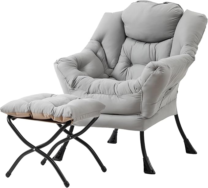Tiita Lazy Chair with Ottoman, Light Grey Modern Large Accent Chair, Comfy Leisure Sofa Armchair with Ottoman, Reading Chair with Footrest for Bedroom, Living Room, Dorm Rooms, Peach Light Grey