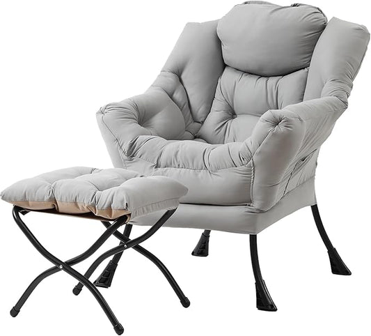 Tiita Lazy Chair with Ottoman, Light Grey Modern Large Accent Chair, Comfy Leisure Sofa Armchair with Ottoman, Reading Chair with Footrest for Bedroom, Living Room, Dorm Rooms, Peach Light Grey