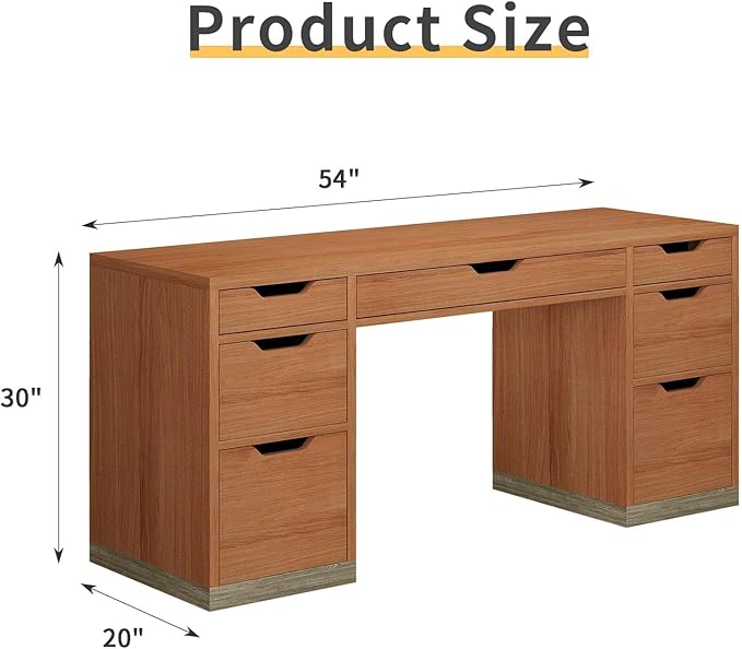 MaverickFurni Office Desk with Drawers, 54 Inch Computer Desk with 7 Drawers for Bedroom, Small Executive Desk with Stoarge Drawers for Work Study Writing, Small Spaces, Brown