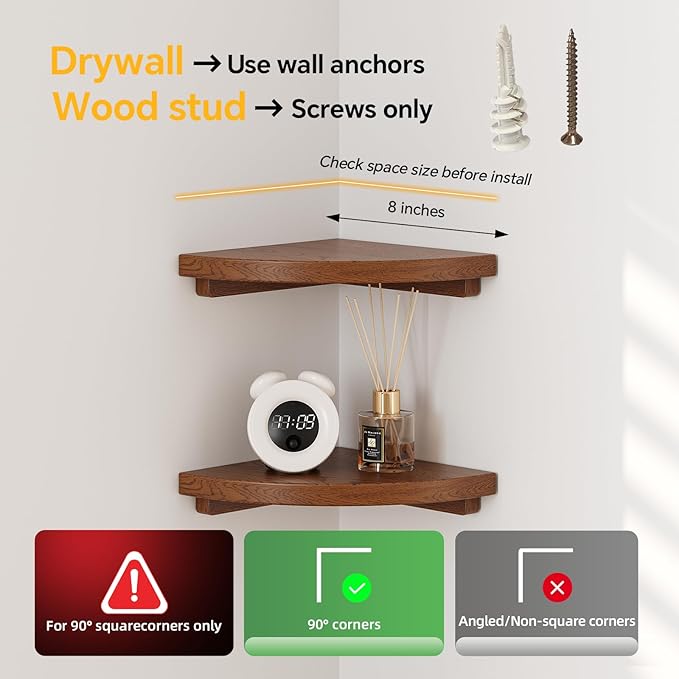 Floating Corner Shelves Walnut 8", Solid Oak Wall Mounted Wooden Display Storage Rack with Wire Hole for Plants, Photos, Speakers, Bedroom, Kitchen, Living Room Décor - 1-Pack