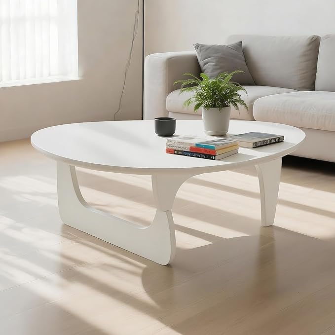 Solid Wooden Modern Triangle Coffee Table: Unique Funky Coffee Tables for Living Room, Oval Mid-Century Irregular Abstract Tea Tables for Patio Office Balcony Bedroom (White, 33" L x 24" W x 16" H)