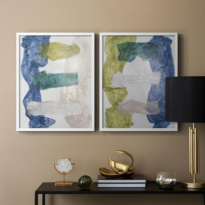 Renditions Gallery Set of 2 Peel & Stick Framed Prints, Elegant Abstract Wall Art, Dyed Cloth Texture Wall Decor, Re-Stickable - Ready to Hang - 11"x14" - White Frame LT588