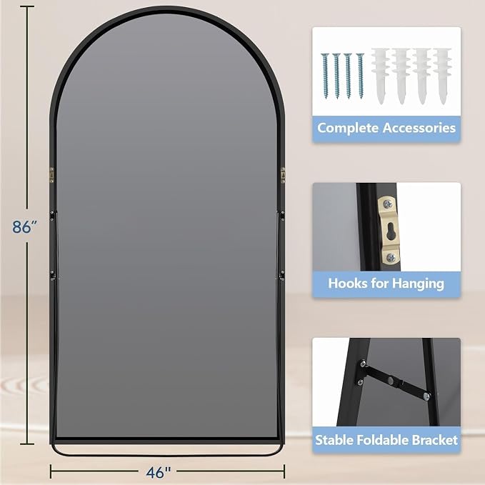Dewfig Arched Full Length Mirror, 86"x46" Large Floor Mirror with Stand, Oversized Full Body Mirrors for Standing/Leaning/Hanging, Wall Mounted Mirrors for Bedroom, Living Room,Dressing Room, Black
