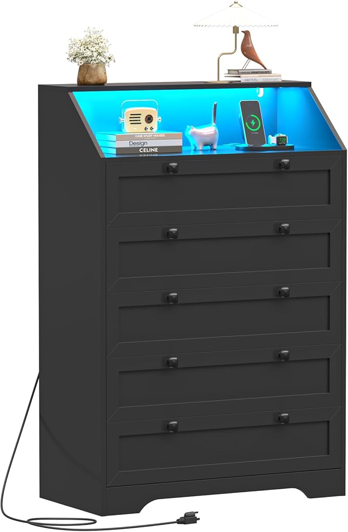 Black Dresser Tall 5 Drawer Dresser for Bedroom, Wood Chest of Drawers with LED Lights, Charging Station, Metal Handles, Modern Storage Cabinet and Organizer Drawers for Living Room, Hallway