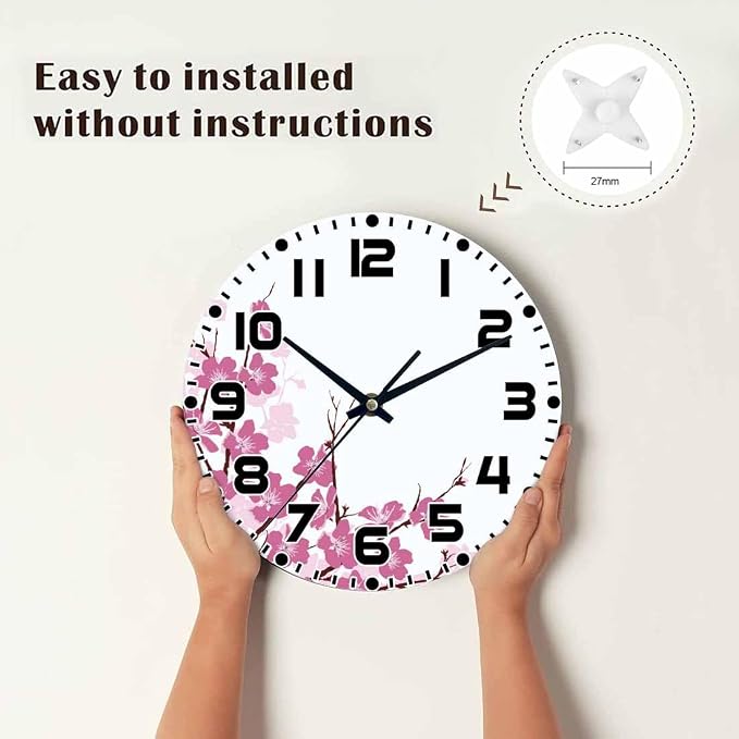 Flower Branches Wall Clock 10 inch Round Pink and Purple Silent Non Ticking Wood Wall Clocks Battery Operated Easy to Read Decorative Wall Clock for Bedroom Kitchen Living Room Bathroom