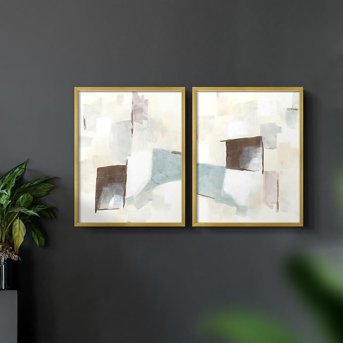 Renditions Gallery Set of 2 Peel & Stick Framed Prints, Abstract Wall Art, Minimalist Color Block Brush Strokes Wall Decor, Re-Stickable - Ready to Hang - 8"x10" - GOLD Frame LT588